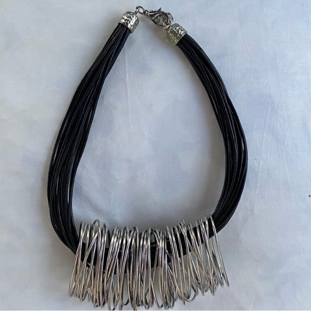 Vintage 90s Silver Fringe Statement Necklace Black Multi Strand Cord